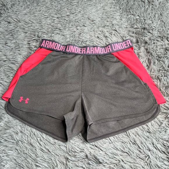 Under Armour UA Shorts Womens Large Athletic Workout Pockets Gray Pink - Picture 1 of 6